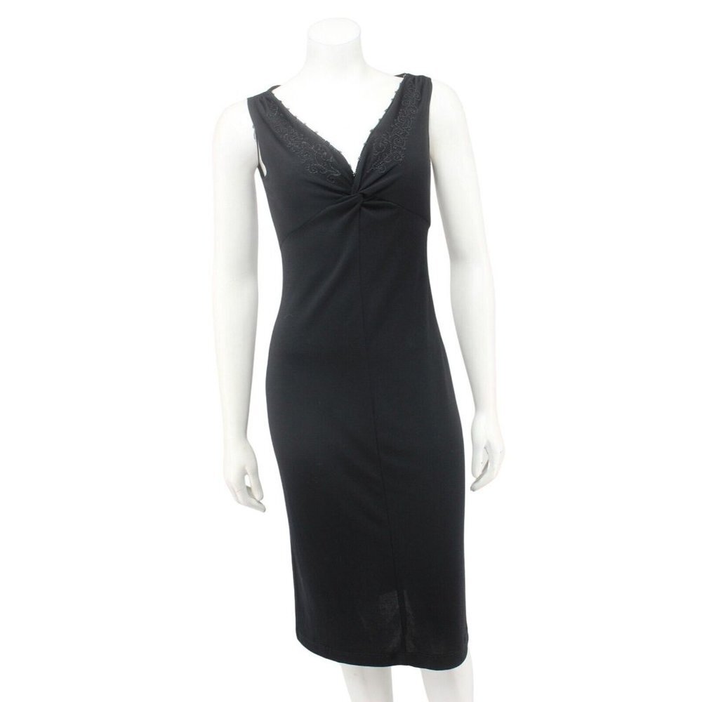 Vintage 90s Rampage Black Matte Jersey Kniot Beaed Knot Front Neck Dress Size M